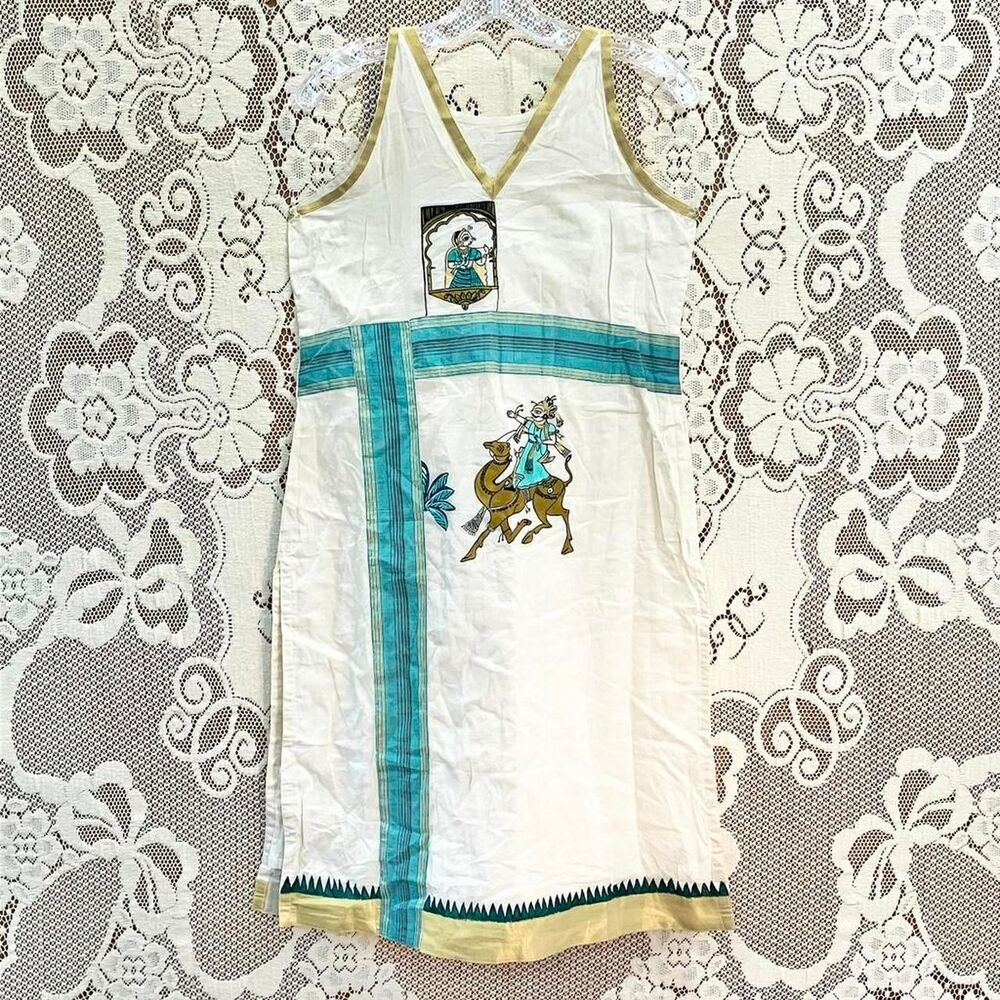 Vintage Indian Hand-painted Kurta Tunic Top with Green and Gold Kasavu Hem